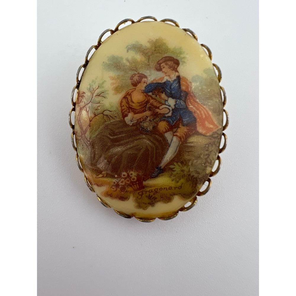 Vintage Fragonard Courting Couple Brooch Gold Tone Porcelain Rococo 2"